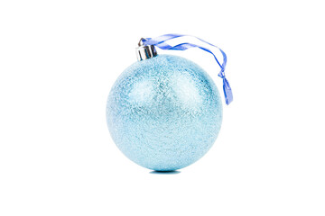 Blue Christmas ball on a blue ribbon.
