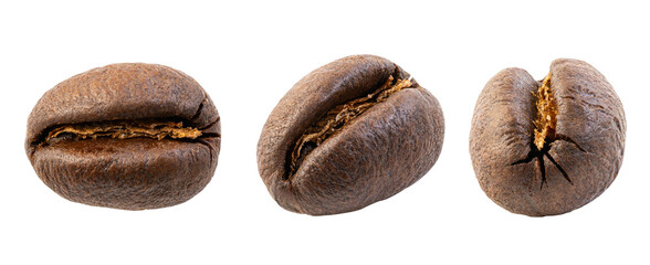 Roasted peaberry coffee beans (also known in Spanish as caracolillo) isolated on white background
