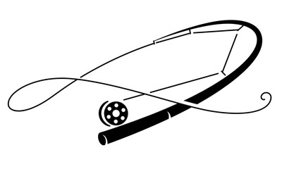 fishing rod drawing, black fly fishing rod on white background
