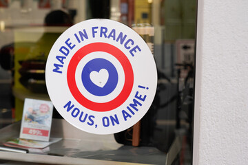 Made in France nous on aime text sign means Make in France we love on windows store stickers facade...