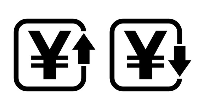 Set of cost symbol yuan increase and decrease icon. Money vector symbol isolated on background