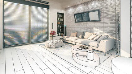 Sofa in einer sonnigen Wohnung (Planung) - 3D-Visualisierung