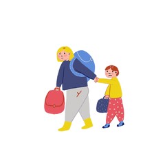 Mom with child and luggage in emigration or traveling