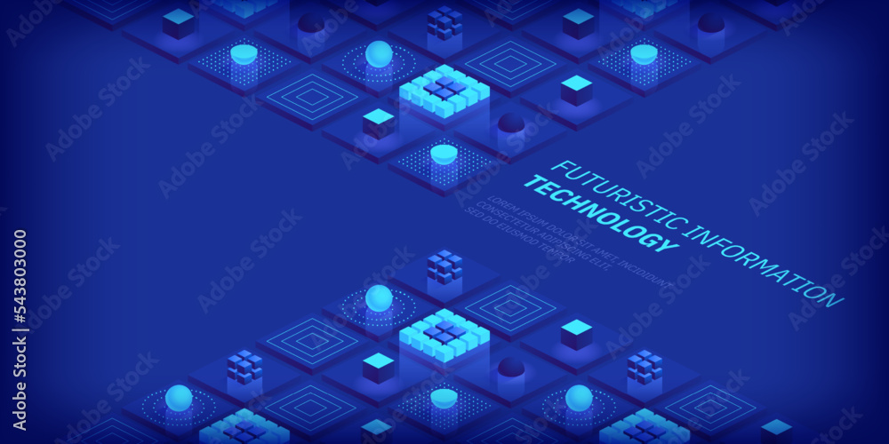 Poster Isometric futuristic information technology blockchain concept. Big data binary code, data flow. Transferring of big data. Interconnected blocks of data. Vector illustration abstract background