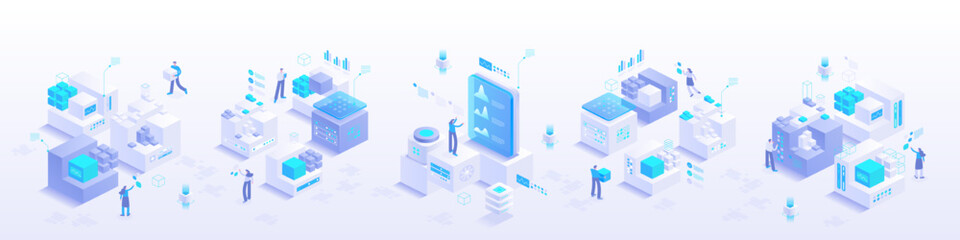 High tech, science, futuristic modern concept. Digital technology, deep learning and big data. Detailed abstract isometric vector illustration for screen template or banner background - 543803212