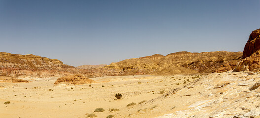 Panorama with rocks and blue sky in Sinai desert