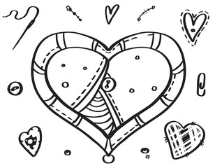 Sewing decorative hearts - vector set. Love needlework. Doodles. Black lines. Boho style.