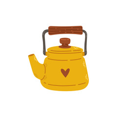 Yellow ceramic teapot for tea with heart. Stock design isolated on a white background for websites and apps