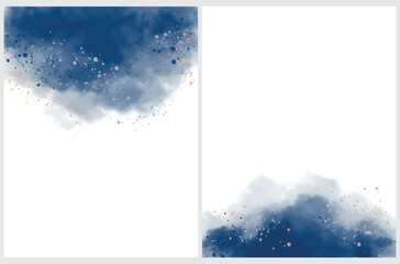 Set of 2 Abstract Watercolor Style Vector Layouts. Dark Blue Paint Stains and Gold Splashe on a White Background. Stains and Splatter Print Set. Border made of Hand Drawn Dark Cloudy Sky.