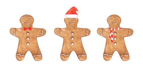 Set of 3 Gingerbread man clipart. Watercolor gingerbread cookies isolated. Holiday illustration. Cute Christmas gingerbread man with icing decoration. Winter biscuit food clipart.