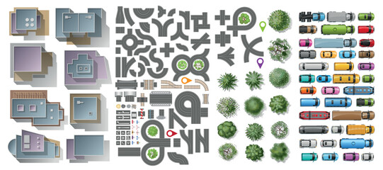 Set of landscape elements. Roofs of buildings, cars, trees, road elements. Top view. Houses, highway, different transport, trees with realistic shadow. View from above. 