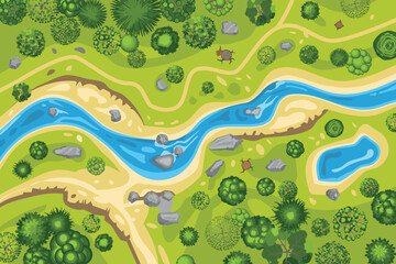Vector illustration. Landscape with a winding river. (Top view)
River with forest shore. (View from above) - 543805462