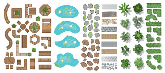 Vector set for landscape design. Top view. Outdoor furniture, ponds, stones, paths, trees, green fences. View from above. - 543805482