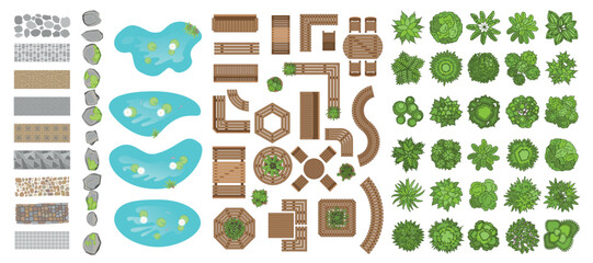 Vector set for landscape design. Top view. Outdoor furniture, ponds, stones, paths, trees. View from above. - 543805483