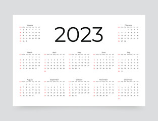 Calendar for 2023 year. Yearly calender organizer. Week starts Sunday. Desk grid template with 12 months. Calendar layout in minimal horizontal design. Vector illustration. Landscape orientation.