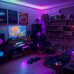 Cyberpunk gaming room with flat screen and neon lights