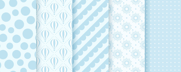 Scrapbook blue patterns. Seamless baby boy background. Set baby shower prints with polka dots, hot air balloons, circles and suns. Pastel childish texture. Retro wrapping backdrop. Vector illustration