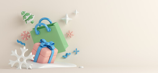 Winter sale decoration background with shopping bag, snowflakes, gift box, copy space text, 3D rendering illustration