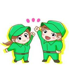 笑顔で働く男女、工場勤務、製造業、運送業、農業等の求人募集、広告等に使えるイラスト