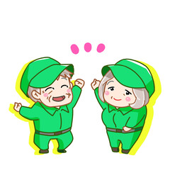 笑顔で働く中高年男女、工場勤務、製造業、運送業、農業等の求人募集、広告等に使えるイラスト