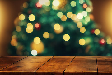 Empty wooden table. Against the background of a blurred Christmas cozy window with bokeh