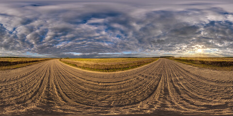full seamless spherical 360 hdri panorama view among fields in autumn evening sunset with awesome blue pink red fluffy clouds in equirectangular projection, ready for VR AR virtual reality