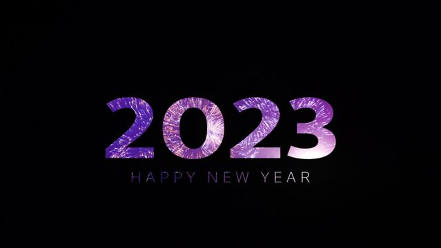 Happy New Year 2023 fireworks Animated text. Light ray beam effect.