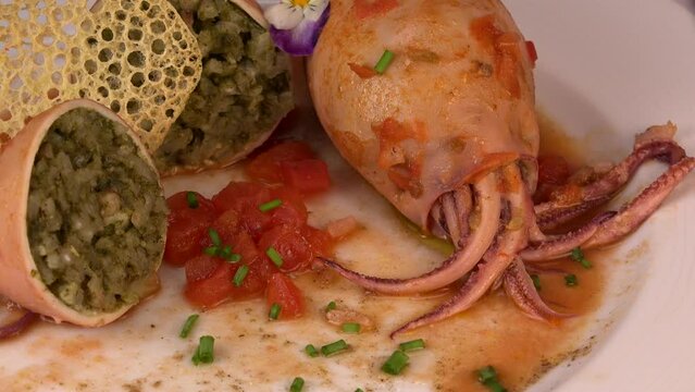 RECIPE FOR STUFFED SQUID, RIZOTTO AND SPINACH PESTO, HOMEMADE TOMATO SAUCE, High quality video