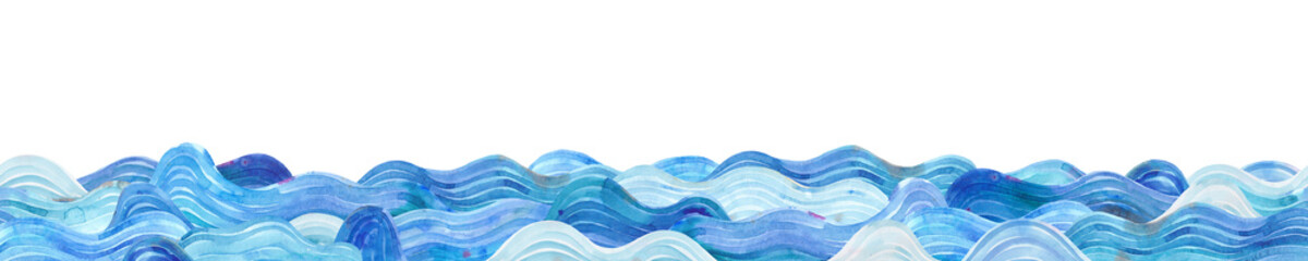 Watercolor ocean. Seamless pattern. Horizontal banner. Blue waves in the sea. - 543808836