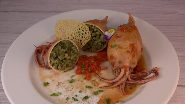 RECIPE FOR STUFFED SQUID, RIZOTTO AND SPINACH PESTO, HOMEMADE TOMATO SAUCE, High quality video