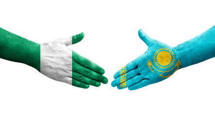 Handshake between Kazakhstan and Nigeria flags painted on hands, isolated transparent image.