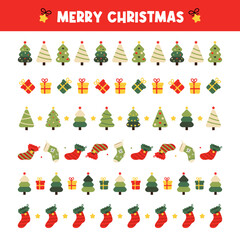 Set, collection of Christmas borders, dividers, design elements for winter holidays design with ecorated christmas trees, gifts, christmas socks.