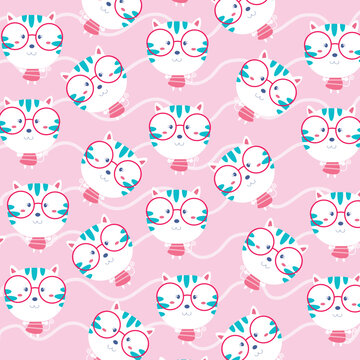 Seamless cartoon pattern with cute bespectacled white cat doodle