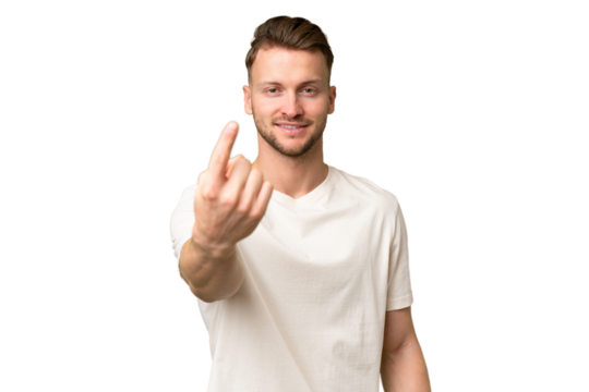 Young blonde caucasian man over isolated background doing coming gesture