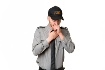 Young security caucasian man over isolated background is suffering with cough and feeling bad