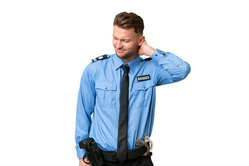 Young police man over isolated background with neckache