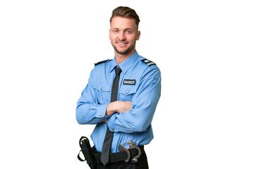 Young police man over isolated background with arms crossed and looking forward