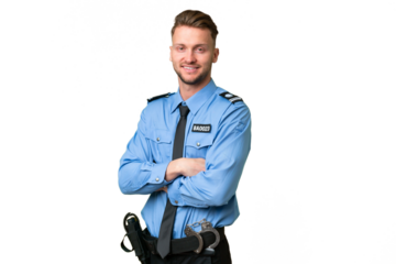 Young police man over isolated background with arms crossed and looking forward