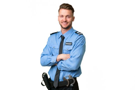 Young police man over isolated background with arms crossed and looking forward