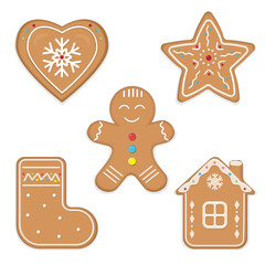 Fototapeta premium A large set of Christmas gingerbread: gingerbread houses, gingerbread man, snowflakes, sock, Christmas tree, bell, star, mitten. Vector illustration.