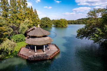 Aerial photography of Chinese garden landscape of West Lake in Hangzhou, China