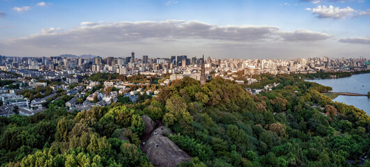 Obraz premium Panoramic aerial photography of urban landscape of West Lake in Hangzhou, China