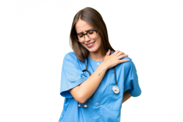 Young nurse caucasian woman over isolated background suffering from pain in shoulder for having made an effort