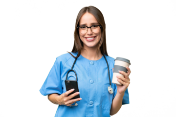Young nurse caucasian woman over isolated background holding coffee to take away and a mobile