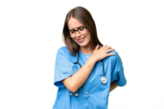 Young nurse caucasian woman over isolated background suffering from pain in shoulder for having made an effort