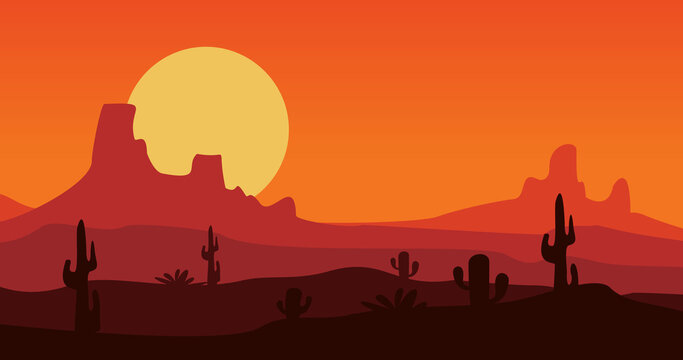 red gradation rocky mountains and desert cactus background illustration