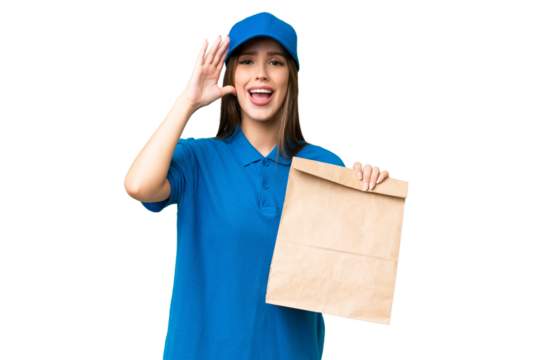 Young beautiful caucasian woman taking a bag of takeaway food over isolated background with surprise expression