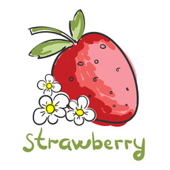 Strawberry red summer fruit logo icon with lettering on white. Vector doodle cartoon style graphic illustration. Vegetarian print, poster, card. Natural, organic dessert sweet, fresh berry