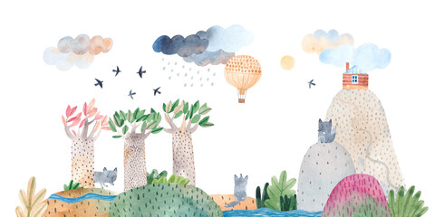 Hand drawn landscape, hills, river, clouds and ballon, wolves and birds. Watercolor illustration. Children's horizontal poster. © bukhavets