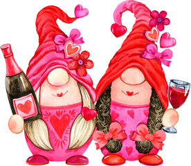 Watercolor cute valentines, galentines best friends girl gnome. Cartoon love character illustration. Valentine's day greeting, card, invitation, flyer